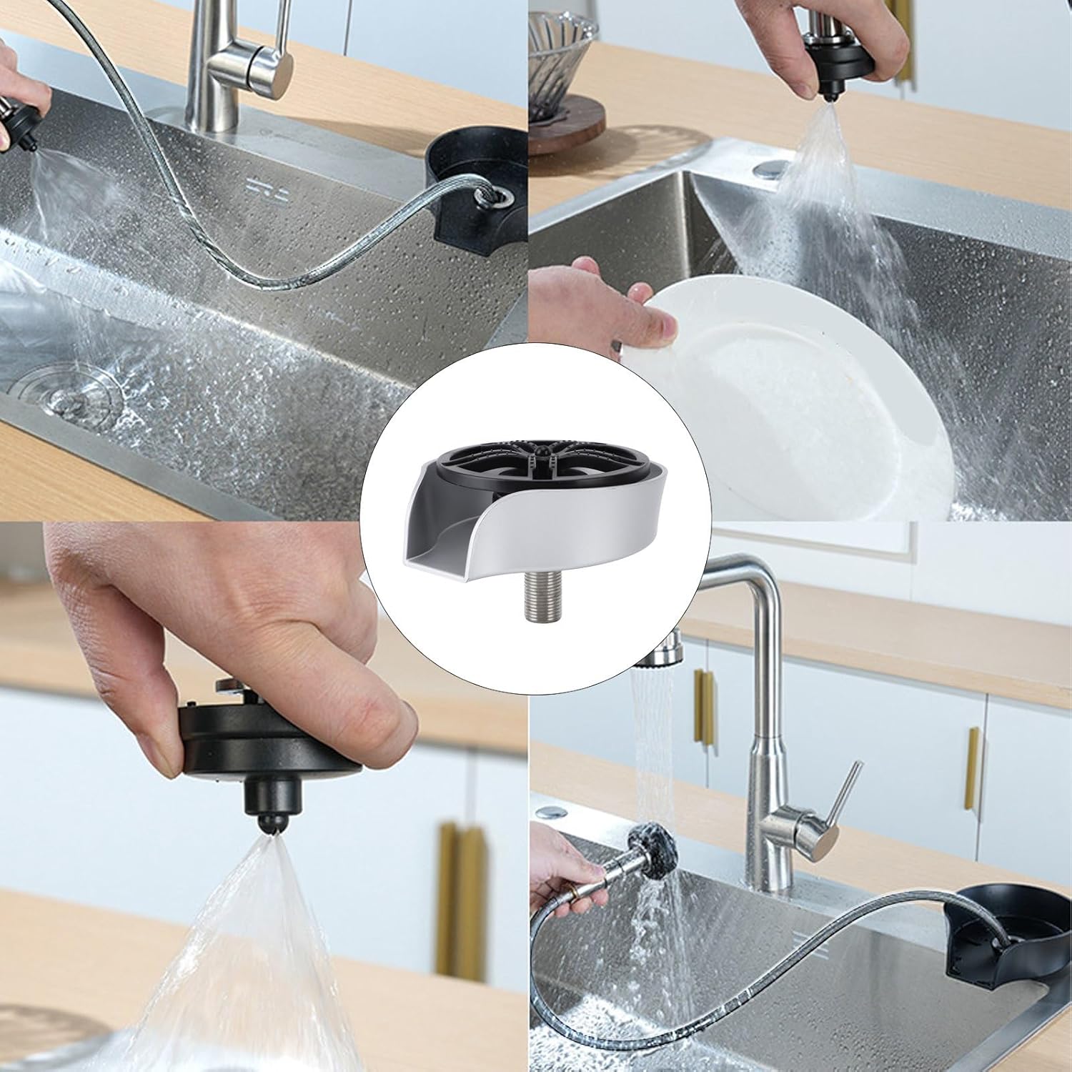 Zerodis Rotating Cup Washer, Pull Out Glass Rinser with Hose, Tee Joint, G1/2 Male Thread, ABS, Stainless Steel, for Kitchen Sink, Teahouse, KTV (Silver ABS Basin US 9/16 Hose)