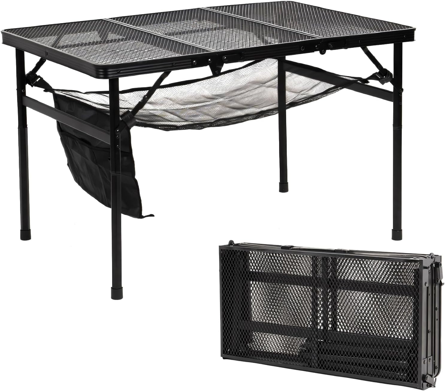 Portable Folding Grill Table, Lightweight Height Adjustable Metal Table with Mesh Desktop and Mesh Bag for Outdoor Camping Picnic BBQ, 4 Feet
