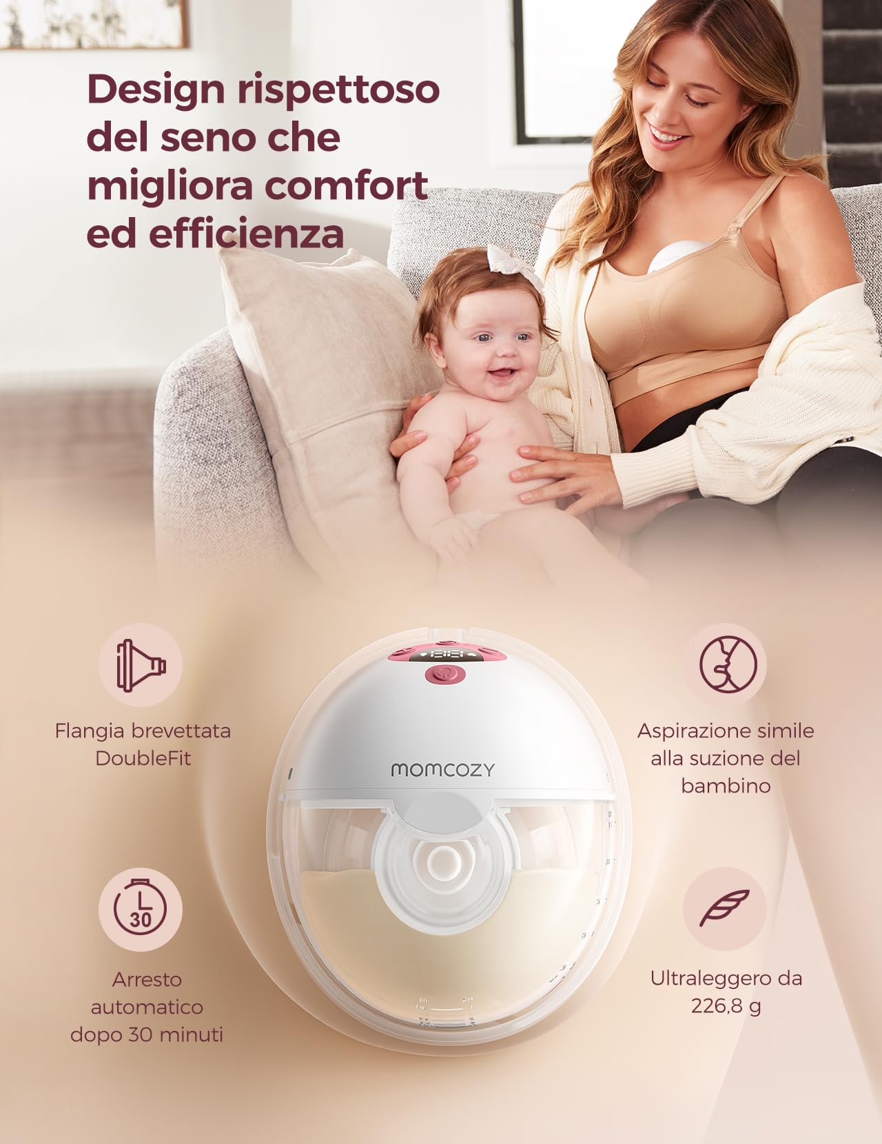 Momcozy Tiralatte Elettrico Indossabile M5 con App, Tiralatte Indossabile Della Bocca del Bambino Flangia a Doppia Tenuta con 3 Modalità e 9 Livelli, Tiralatte Elettrico Portatile, 24mm (2, Grigio)