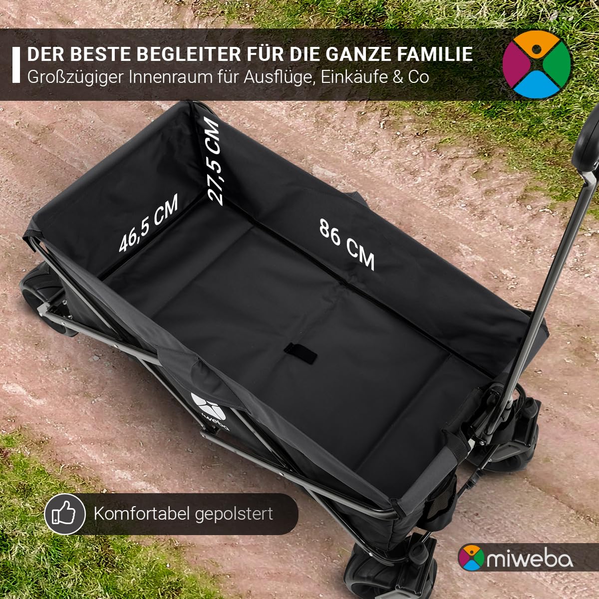 Miweba Faltbarer Bollerwagen MB-30 | Traglast 120 kg - Klappbar - Handwagen faltbar - Transportwagen für Kinder - Kinderwagen - Gartenwagen - Wagen - Strandwagen - Faltwagen (Grau)