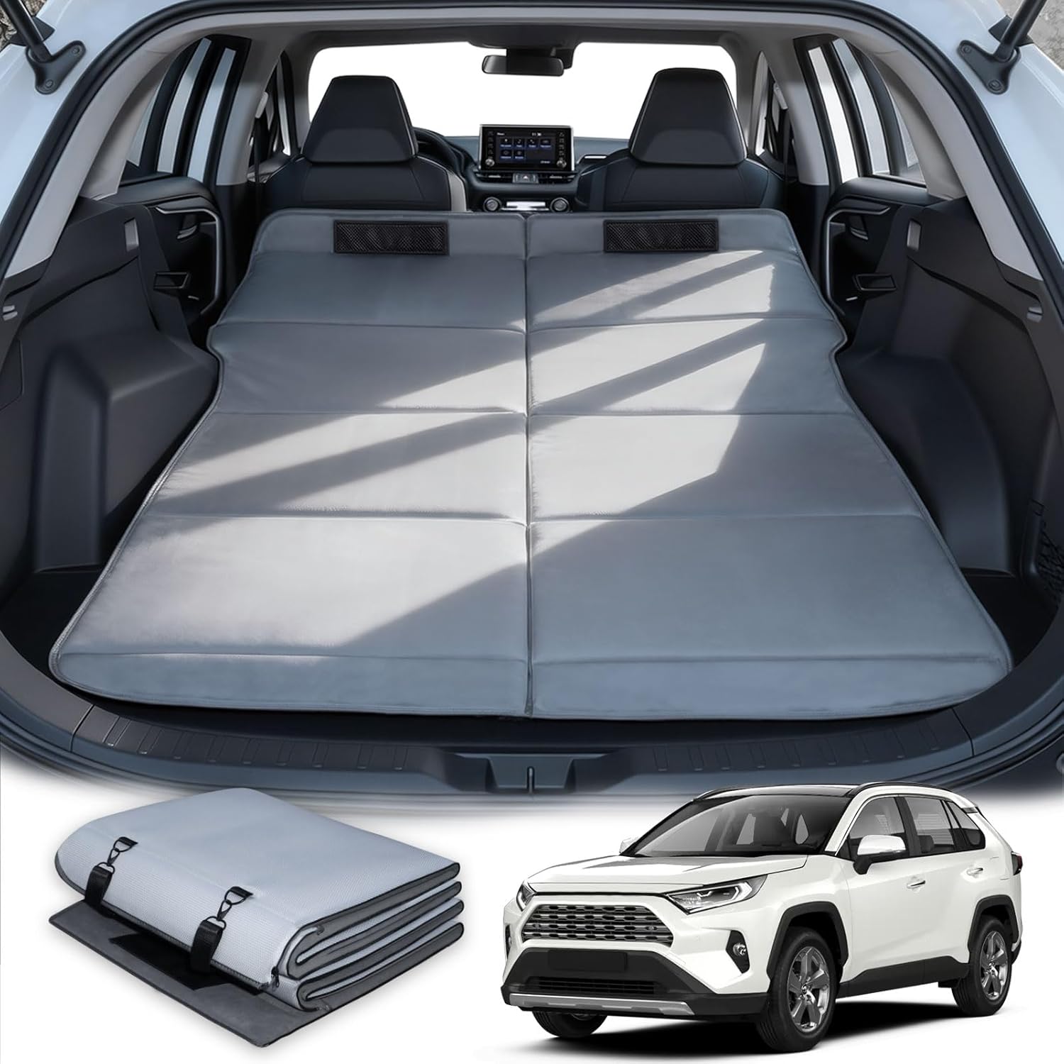 Car Bed for Toyota RAV4, Foldable Non-Inflatable Memory Foam Camping Mattress, Thickened Portable SUV Trunk Sleeping Pad, Air Mattress Upgrade for Camping & Travel Essentials, With Storage Bag, Gray