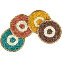 Folkulture Coasters Set of 4 | Evil Eye Enchanment Beaded Handmade Round Drink Coasters for Coffee Table & Bar | Boho Home Decor | Hand-Crafted Cute Coasters for Housewarming Gifts