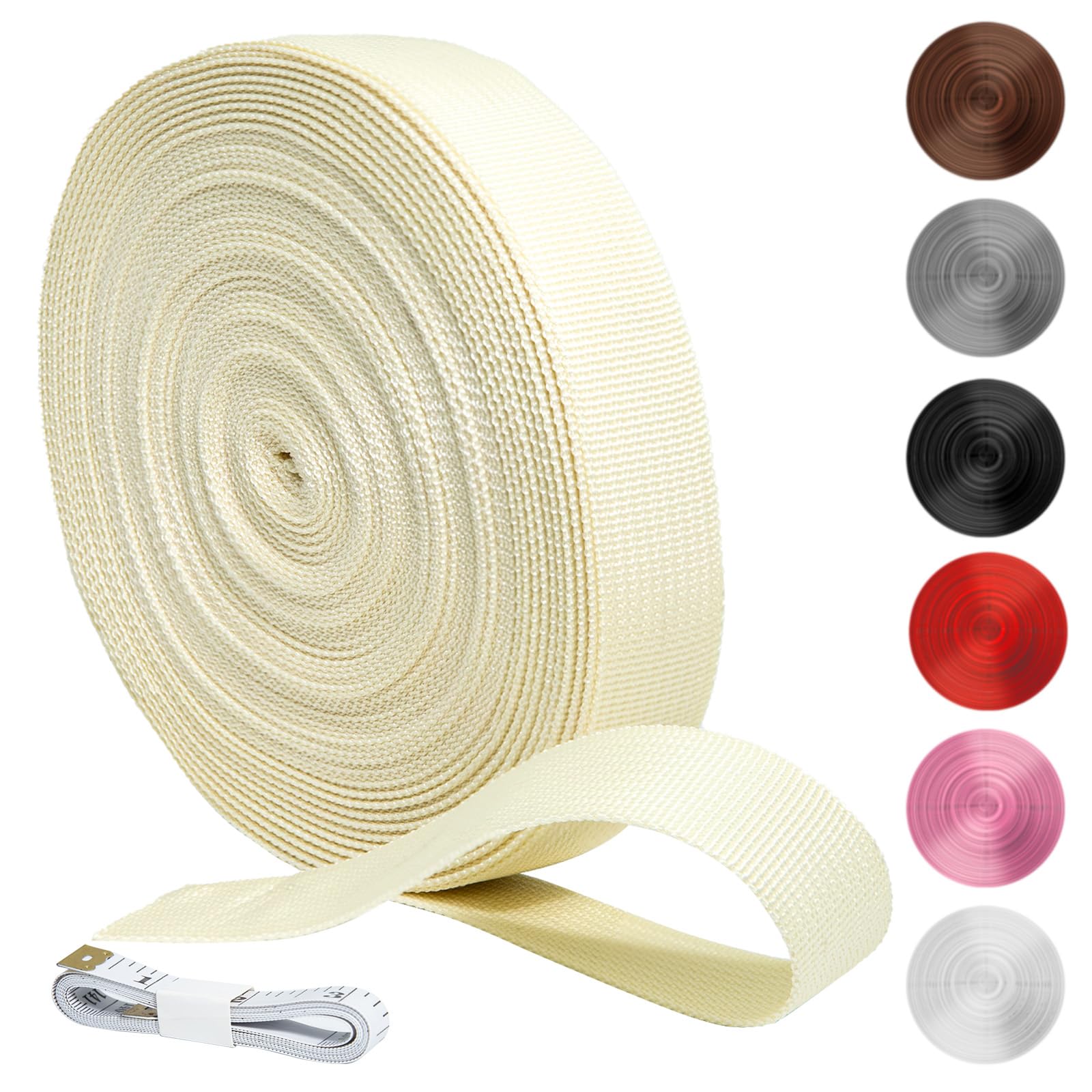 KINETOX 20m Beige Webbing Strap 25mm Polypropylene Webbing Strap Heavy Duty Anti-Slip UV Resistant Twill Tape Fabric for DIY Enthusiasts Campers to Repair Bags Pet Leashes Camping Gear and Luggage