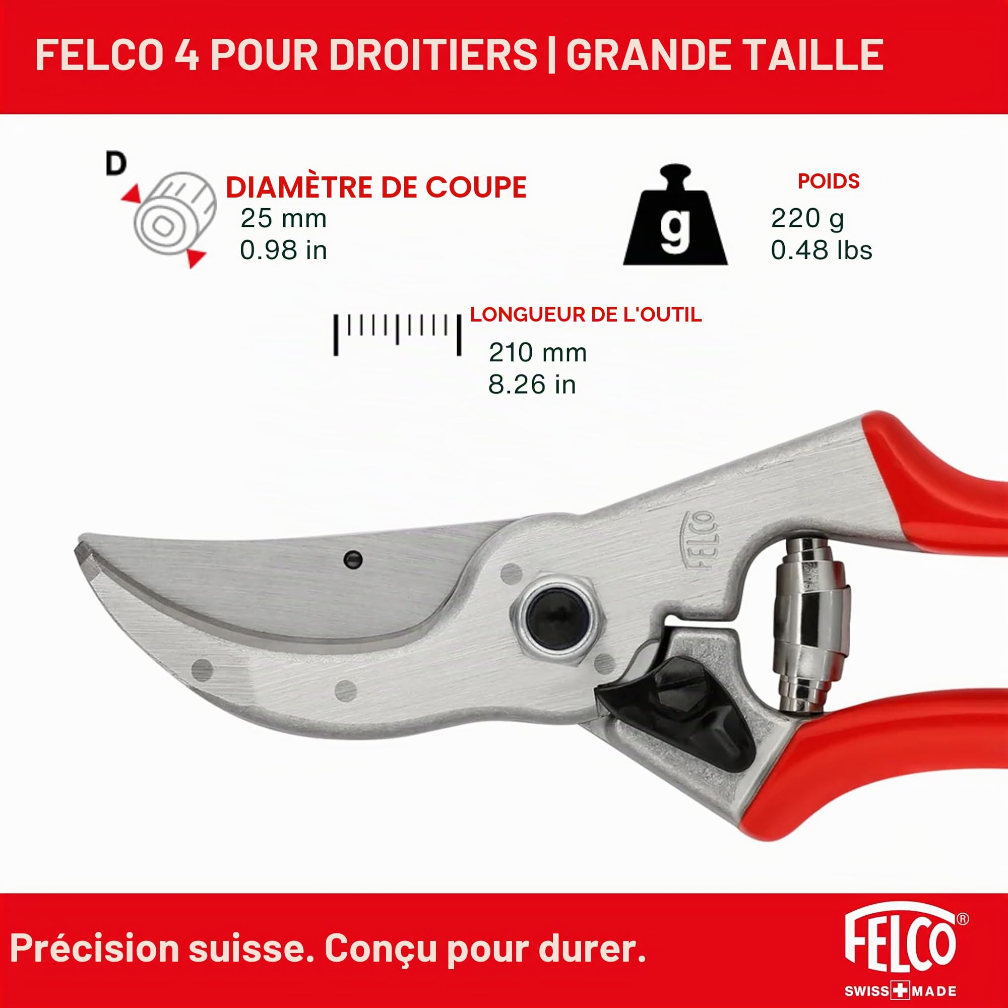 FELCO 4 sécateur droitier grandes mains, taille intensive, coupe 25 mm | Sécateur robuste à lame acier trempé 45 mm, pour un usage quotidien exigeant au jardin et au verger. Swiss Made.