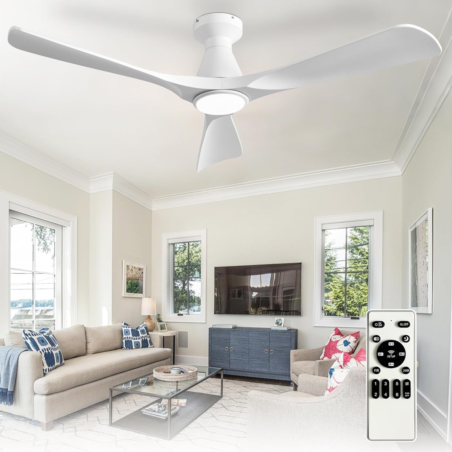 Depuley 52-Inch Ceiling Fans with Lights: White 3 Blade Flush Mount Low Profile Ceiling Fan for Bedroom - Dimmable Outdoor Quiet DC Motor Fan with Remote Control Timer