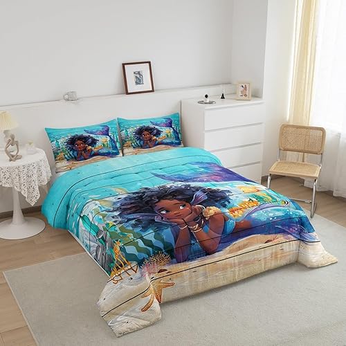 Miniatura 3 de Juego de edredón de sirena negra para niños, tamaño Queen, ropa de cama de princesa sirena azul africana, regalo para niños y adultos, regalo de