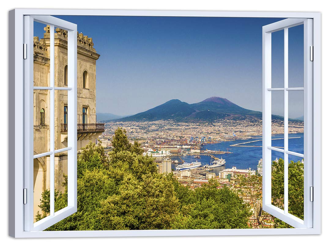 LuxHomeDecor Quadro finestra napoli vesuvio 100x75 cm Stampa su Tela con Telaio in Legno Arredamento Arte Arredo Moderno