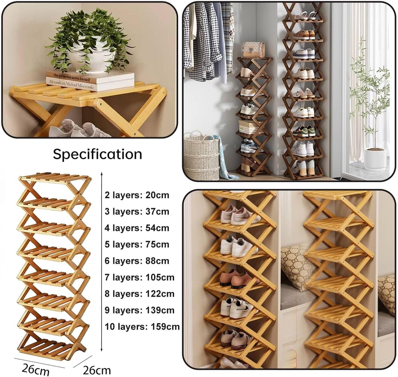 Foldable Shoe Rack Multifunctional Organizer Space-Saving Bamboo Shoe Rack for Small Spaces No-Assembly Bamboo Rack for Entryway, Closet, Corner Wood Color,Two Layers