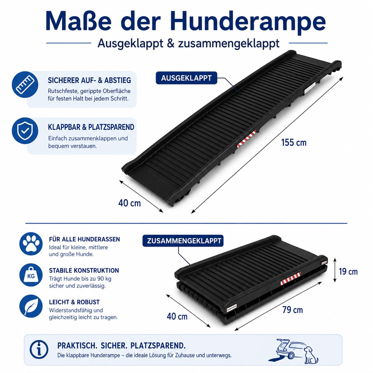 BITUXX® Hunderampe Auto klappbar bis 90 kg belastbar 155 x 39 x 9 cm | Einstiegshilfe Hund Antirutsch Oberfläche leicht zusammenklappbar Rampe für Hunde Autorampe