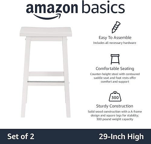 Miniatura 4 de Amazon Basics Solid Wood Saddle-Seat Kitchen Counter Barstool with Footrest, Easy Assembly - 29-Inch Height - White - Set of 2 Blanco,Negro -,Nuez