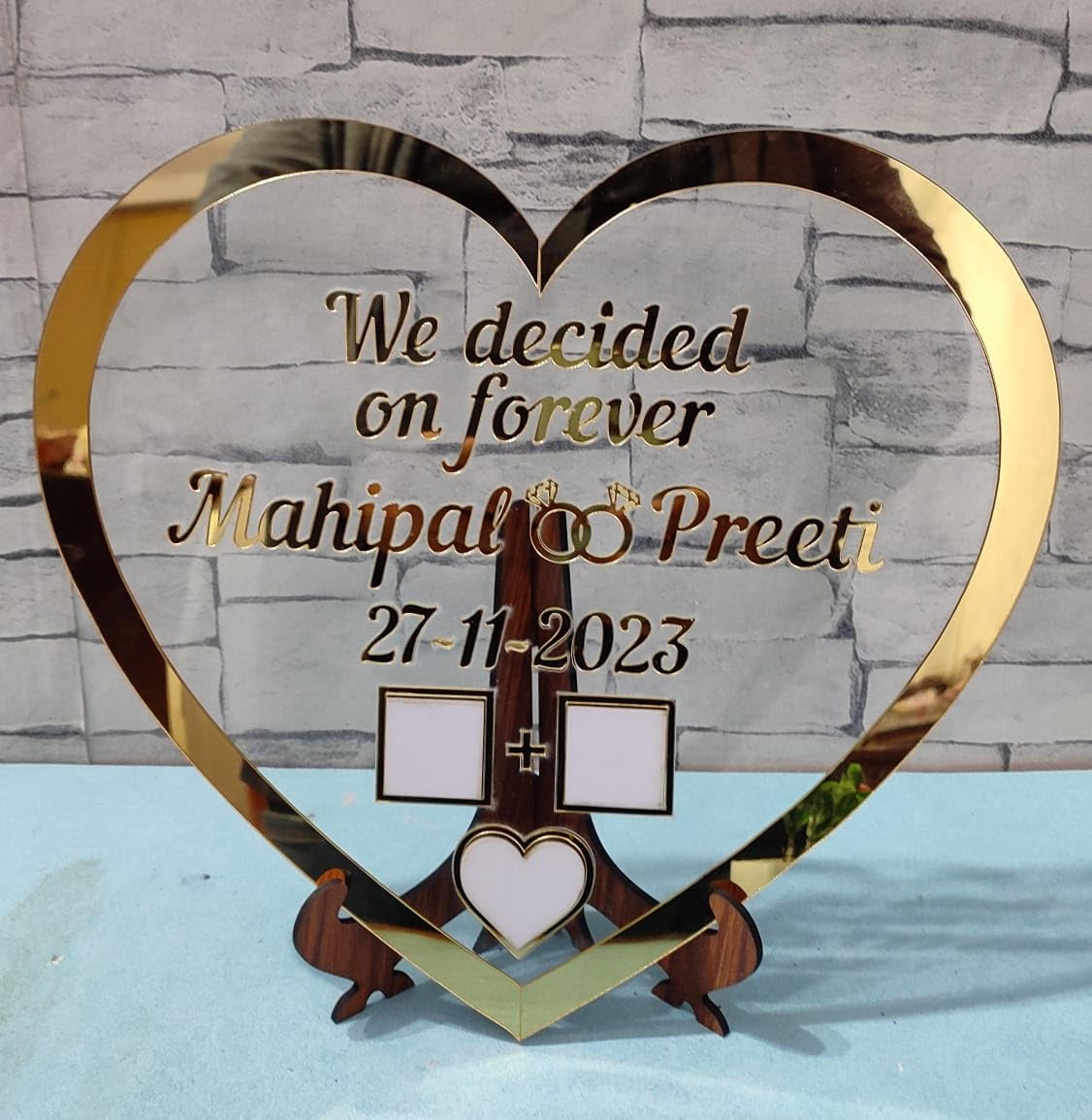 KLASSIE STORES| Save The Date - Personalised Couple Thumb Impression Acrylic Tile| Best for Marriage, Engagement, Anniversary Finger Print Gift| Personalized Text Golden Metal Design (12 * 12 Inches)