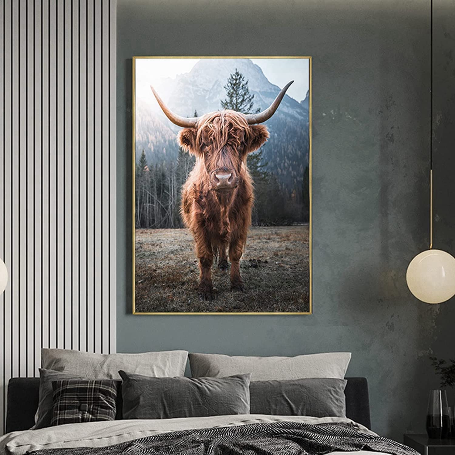 Quadro In Vetro Panoramico 100x40 Cm: Highland Bovino Con Grandi Corna, Monocromatico, Con Distanziali