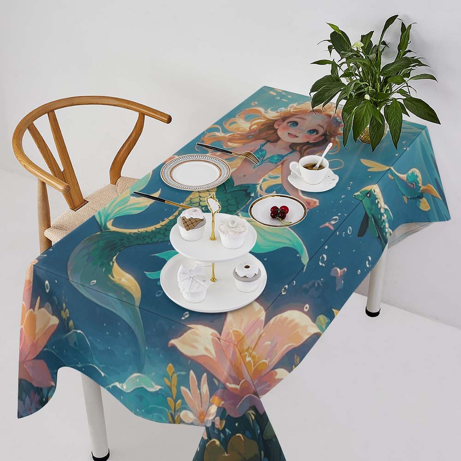 Nappe rectangle sirène 140x190 cm lavable pour table de salle à manger