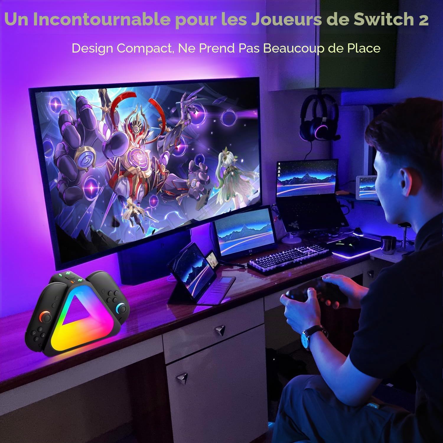 Dock de Charge pour Switch 2,4-en-1 Nintndos Switch 2 Station de Charge avec 7 Couleurs lumières RVB,Charge Rapide USB-C PD avec câble,Charges 4 contrôleurs Joy-Cons,Design de Voyage Portable