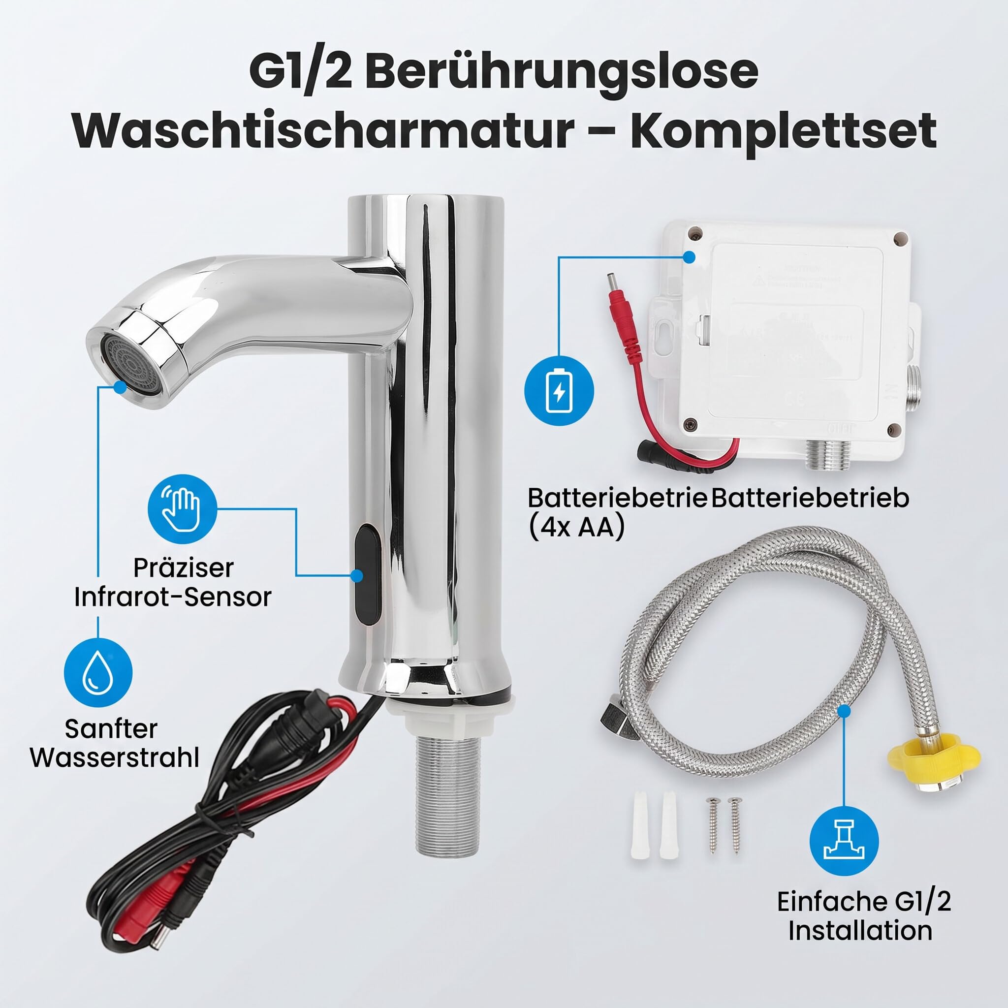 Ejoyous Rubinetto a Sensori Senza Contatto, Rubinetto per Bagno Commerciale G1/2 con Sensore a Infrarossi Automatico a Sensore di Movimento Attivato Dal Movimento, per A