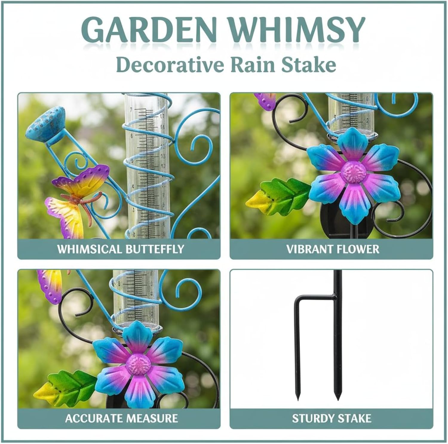37 in Butterfly Rain Gauge Garden Stake with Solar Watering Can, Outdoor Decorative Rain Gauge, Colorful Flower Lawn Lamp, Measures Rainfall