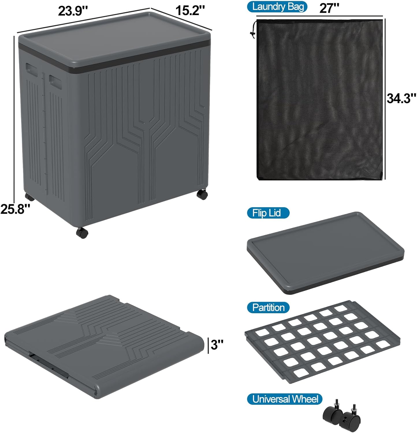 120 L Foldable Plastic Double Laundry Hamper with Wheels and Removable Laundry Bags, Gray, 1 Pack