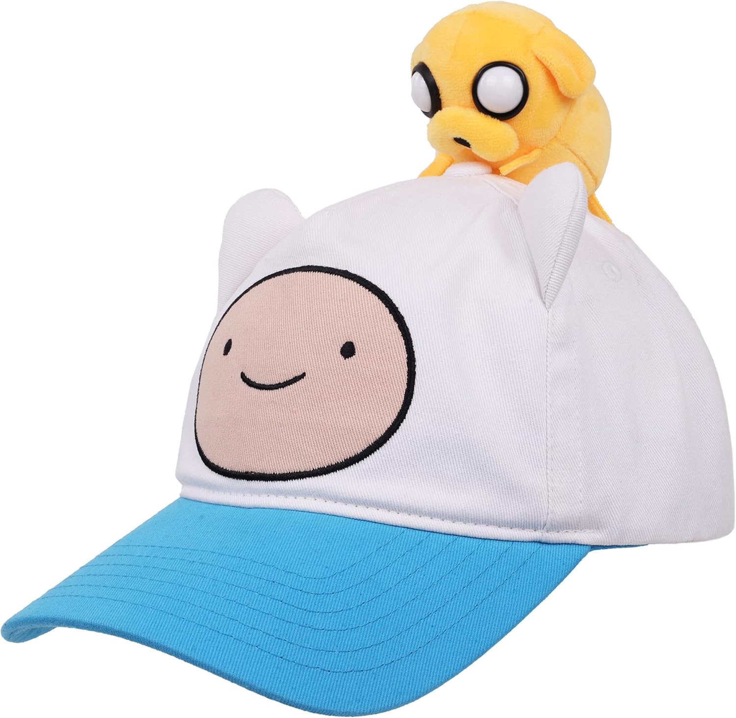 Adventure Time Finn Dad Hat with Jake Plush, Cartoon Snapback Baseball Cap, Embroidered Character Design, White and Blue