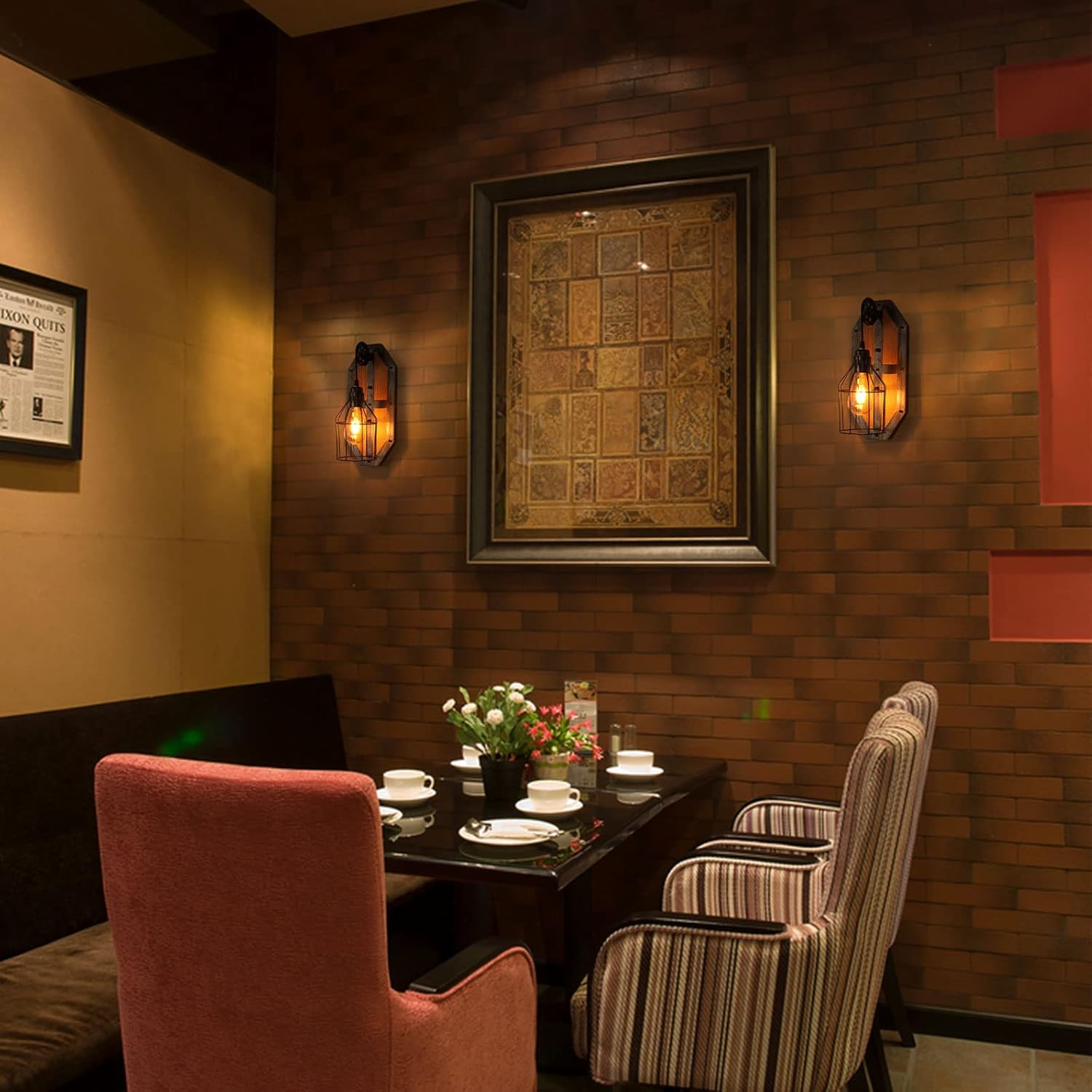 Grey Wooden Wall Sconce,1-Light E26 Industrial Farmhouse Wall Mount Lamp,Matte Black Finish,Iron Caged Lampshade Vintage Wall Light for Bedroom, Living Room, Bar, Porch