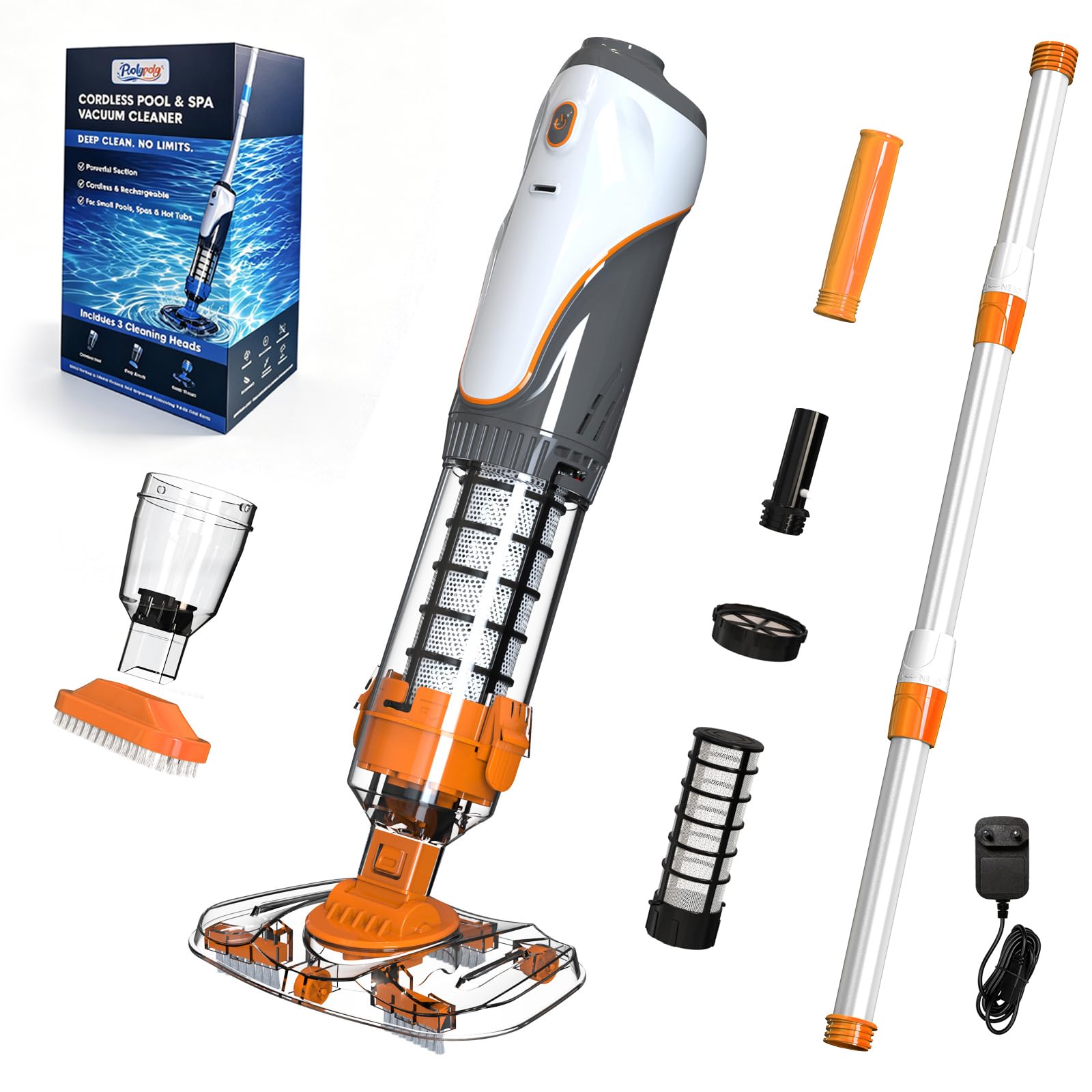 Aspirapolvere Piscina a Batteria, Aspiratore Piscina Senza Fili | Doppia Filtrazione Aspirapiscina, Aspiratore per Spa, Piccole Piscine, Vasche Idromassaggio, Autonomia 60 Minuti, Arancione