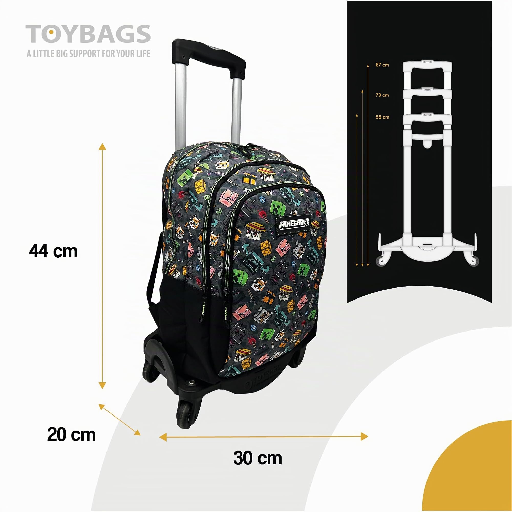 ToyBags Mochila Escolar Minecraft Pixel 25 Doble Compartimento Adaptable con Carro Negro con Protección Lateral y Stoper Frontal Anti Caída 4 Ruedas Giratorias 44 x 30 x 20 cm