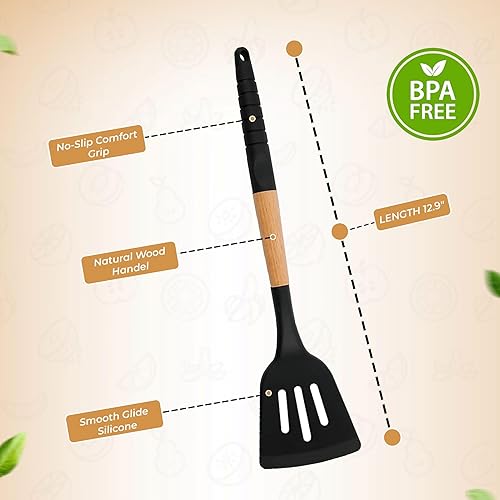 Miniatura 4 de Juego de utensilios de cocina, edición especial con mango de silicona, herramientas de cocina de silicona, 6 piezas, negro, 12.9 pulgadas de largo,