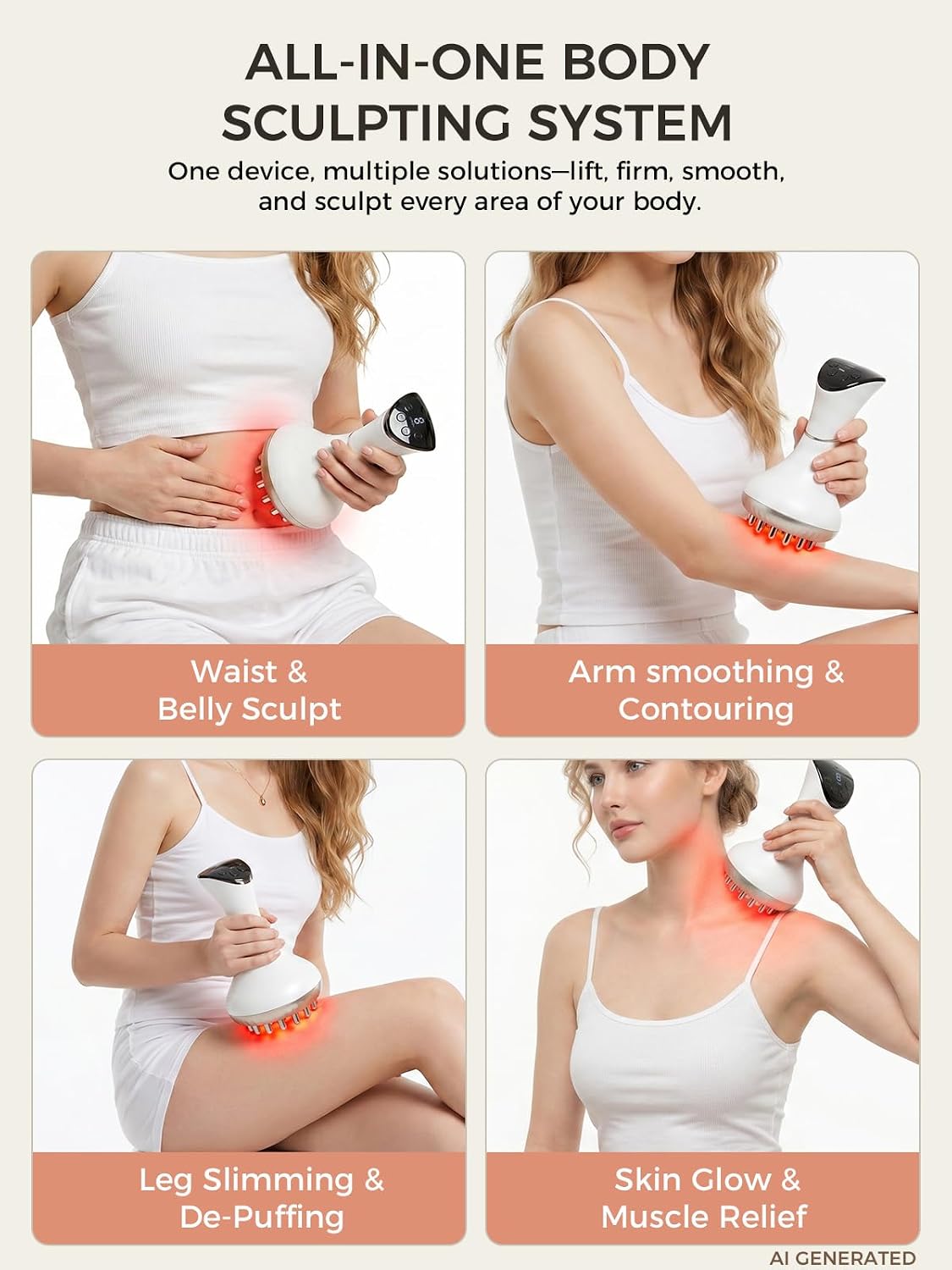 Lymphatic Drainage Massager with Heat, Pulse, Vibration & 4-Color Light | Cellulite care, body sculpting, belly, waist, thighs, hips, arms, back, heavy legs, post-workout, women home routine