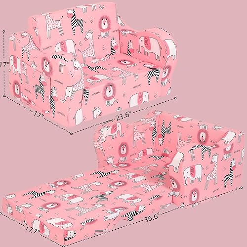 Miniatura 3 de Pink Kids Sofa, 2-in-1 Kids Couch Fold Out, Convertible Sofa to Bed for Girls and Boys Rosado,Astronaut,constellation,alfabeto dinosaurio,Festival