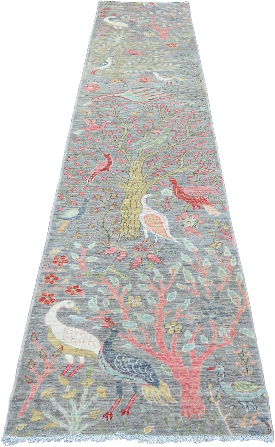 Hand Knotted Afghan Peshawar Runner Rug, Mink Gray, Birds of Paradise Design, Soft Wool, Natural Dyes, 2'7" x 11'8