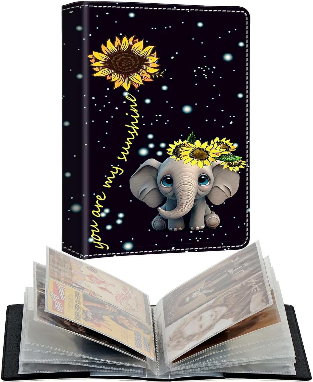 Photo Album 5x3.5" 80 Photos Pockets PU Leather Cover Photo Albums with Inner Transparent Pockets and Elastic Band Design for Family Anniversary Wedding Baby Pets,Elephant Sunflower