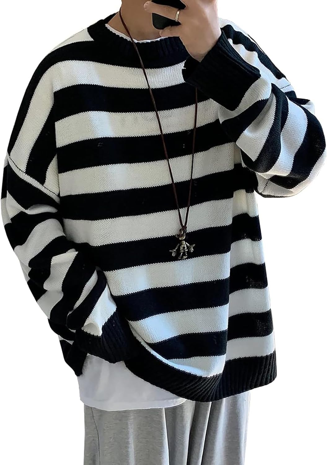 Men Casual Long Sleeve Striped Sweaters Oversized Knit Pullover Autumn Winter Fashion Sweater Jumpers Tops