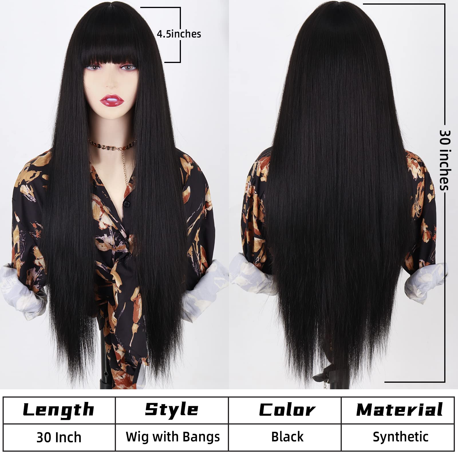 MISSQUEEN Long Straight Synthetic Wig with Bangs, Adjustable Cap