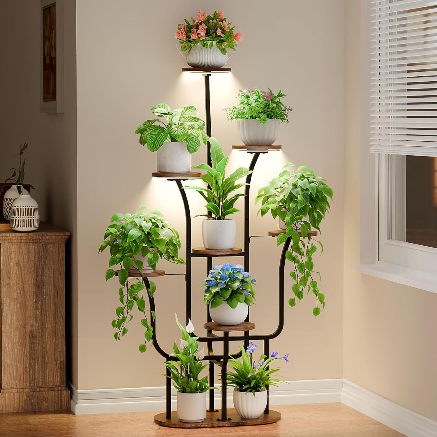 Plant Stand Indoor with Grow Lights - Tall Plant Shelf Tree-Shaped, Lighted Corner Plant Stands for Indoor Growing, 55" Metal Flower Holder, 8 Tiered Display Shelves Rack for Home, Hallway, Black