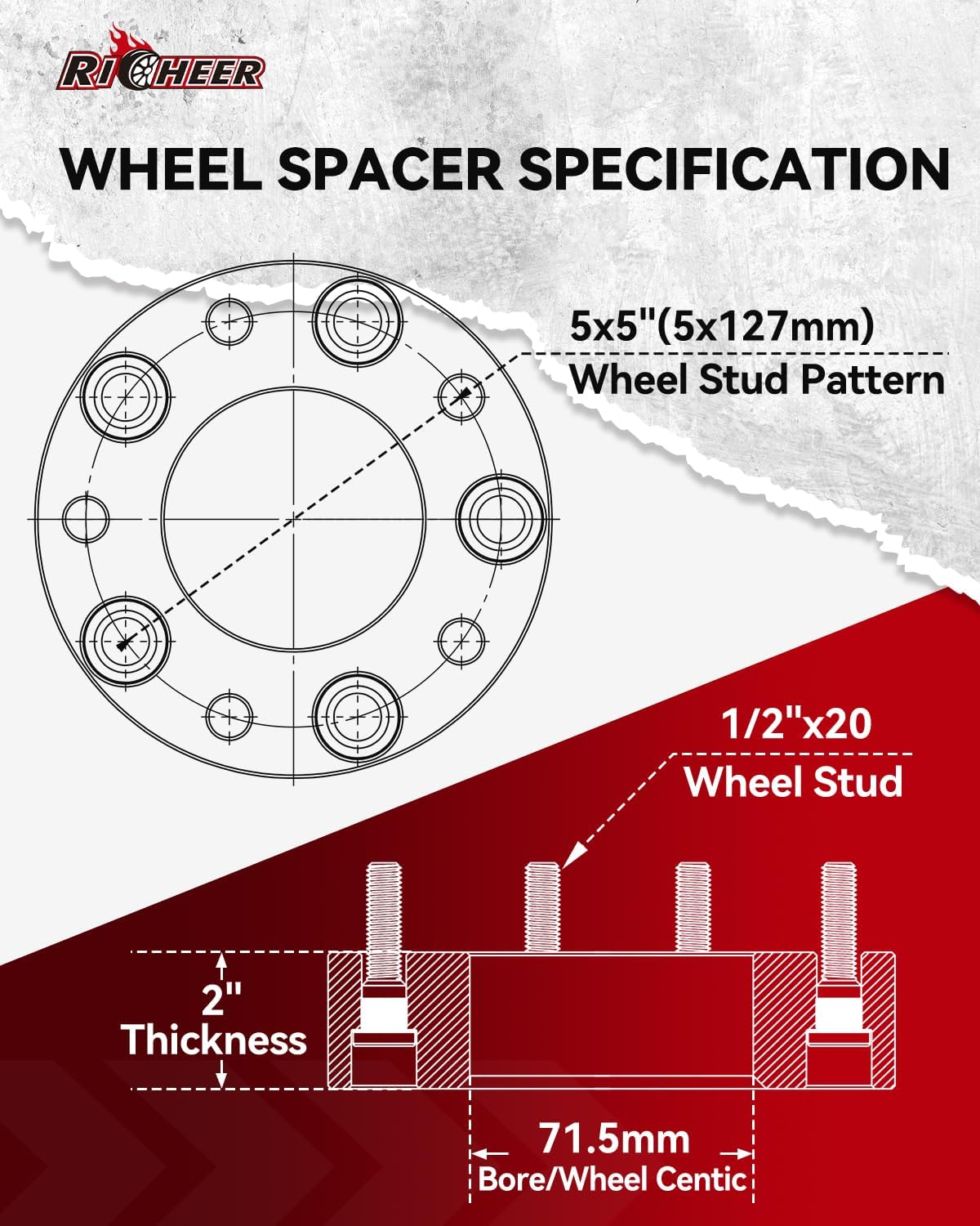 Richeer 2 inch 5x5 Hubcentric Wheel Spacers for 2007-2018 Wrangler JK 1999-2010 Grand Cherokee WJ WK 2005-2010 Commander XK, 4PCS 5x127mm Forged Wheel Spacer with 1/2-20 Studs 71.5mm Hub Bore