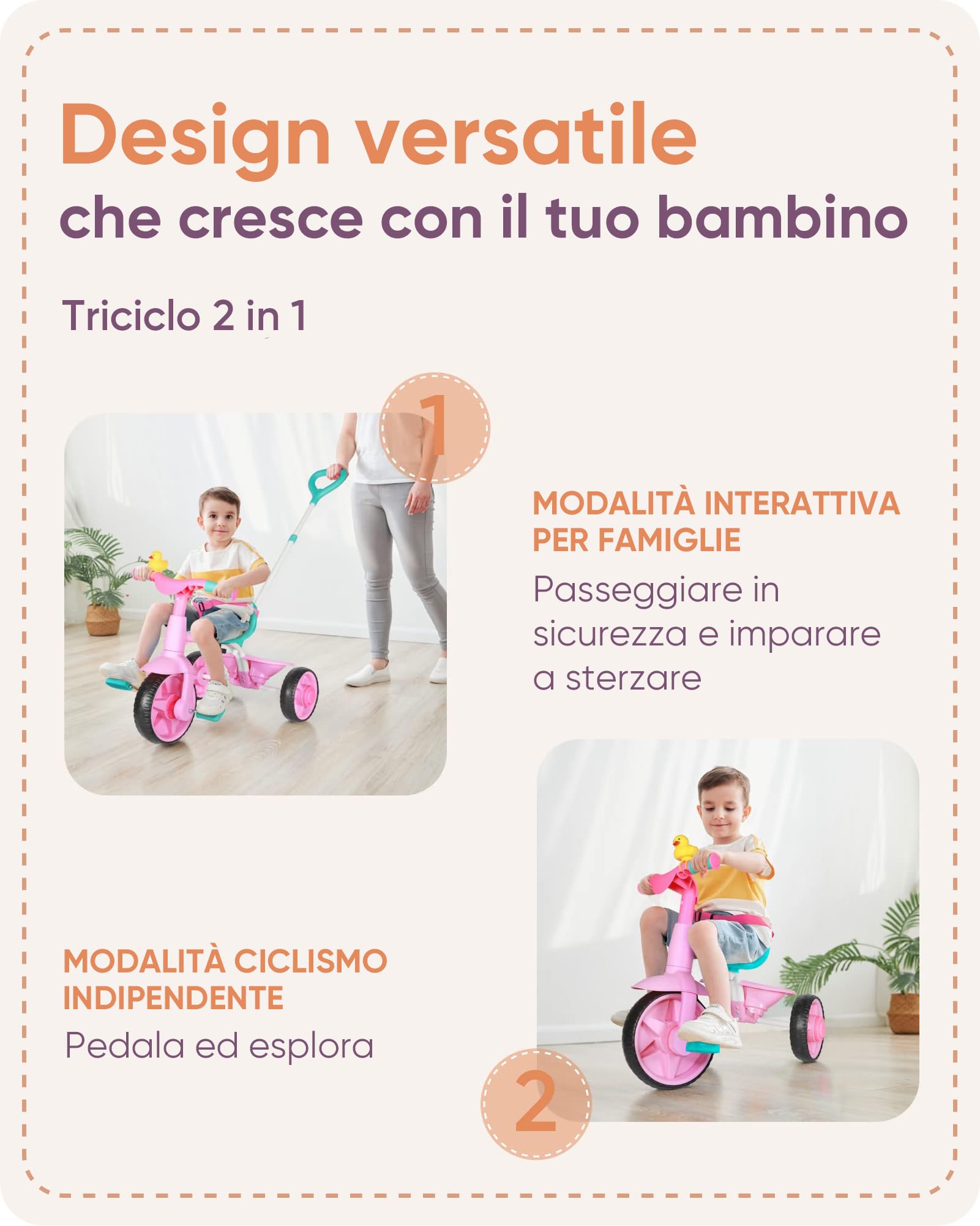 KRIDDO 2 in 1 Triciclo per Bambini da 2 a 3 Anni, Ruote EVA Aggiornate, Regalo per Bambini, Tricicli per Bambini dai 18 Mesi ai 3 Anni, con Maniglione regolabile e Campanello a Forma di Anatra, Rosa