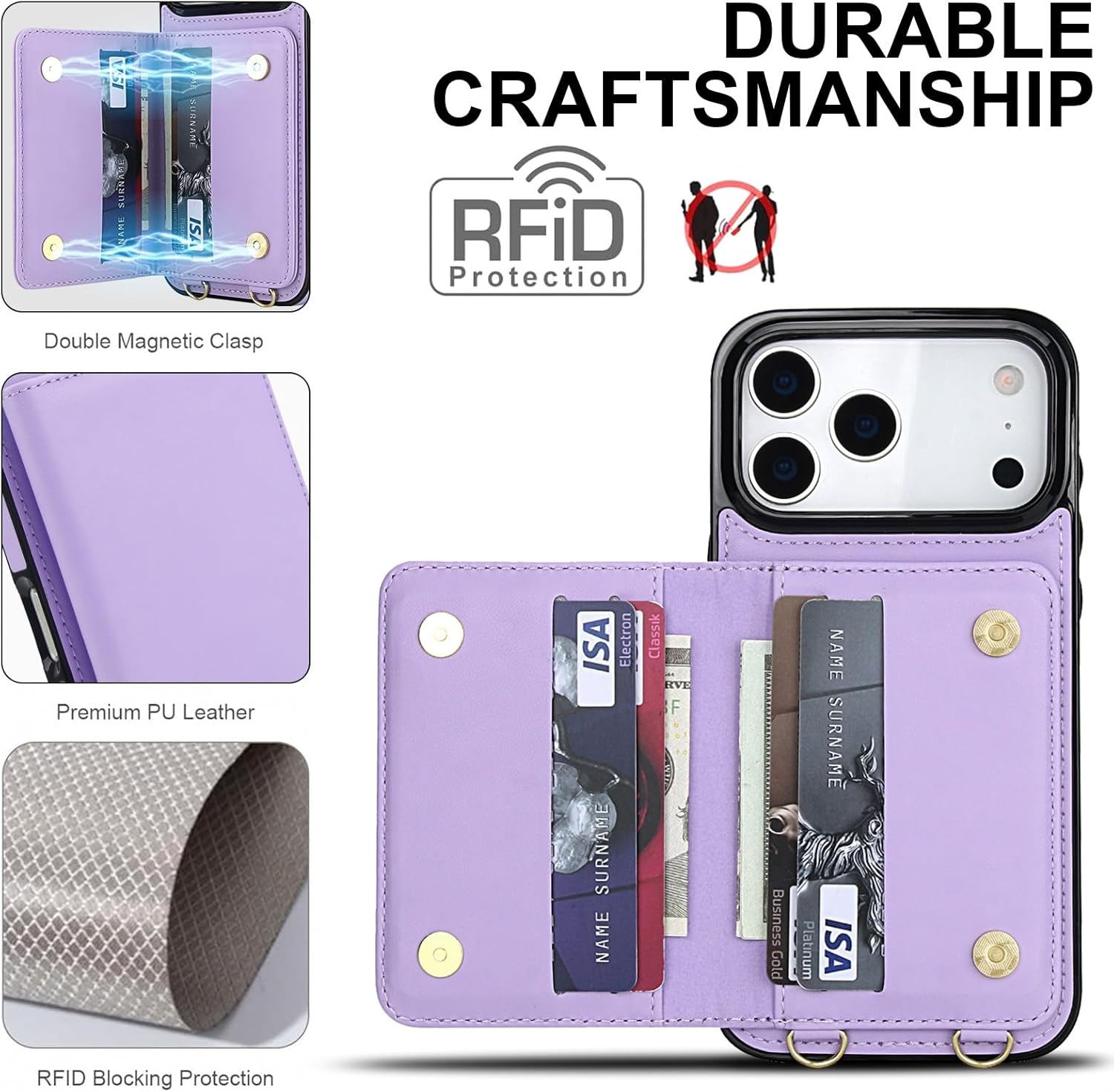 case Compatible with for iPhone 17 (Color: ROSEGOLD) – Long Strap RFID Leather Wallet Silicon Flip Back Case