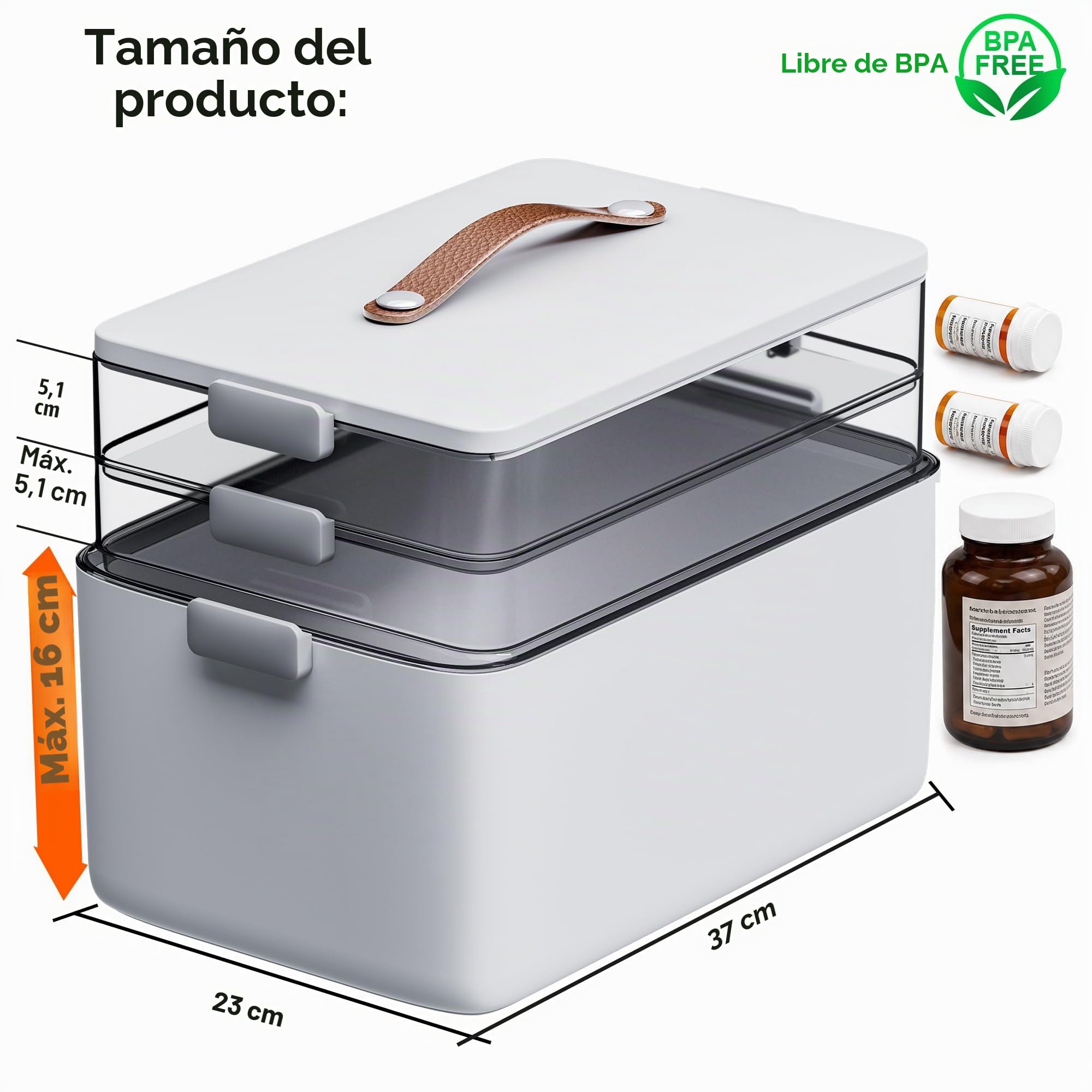 CTIME Caja de medicamentos de 3 niveles: portátil con asa de piel, ideal para el hogar y los viajes