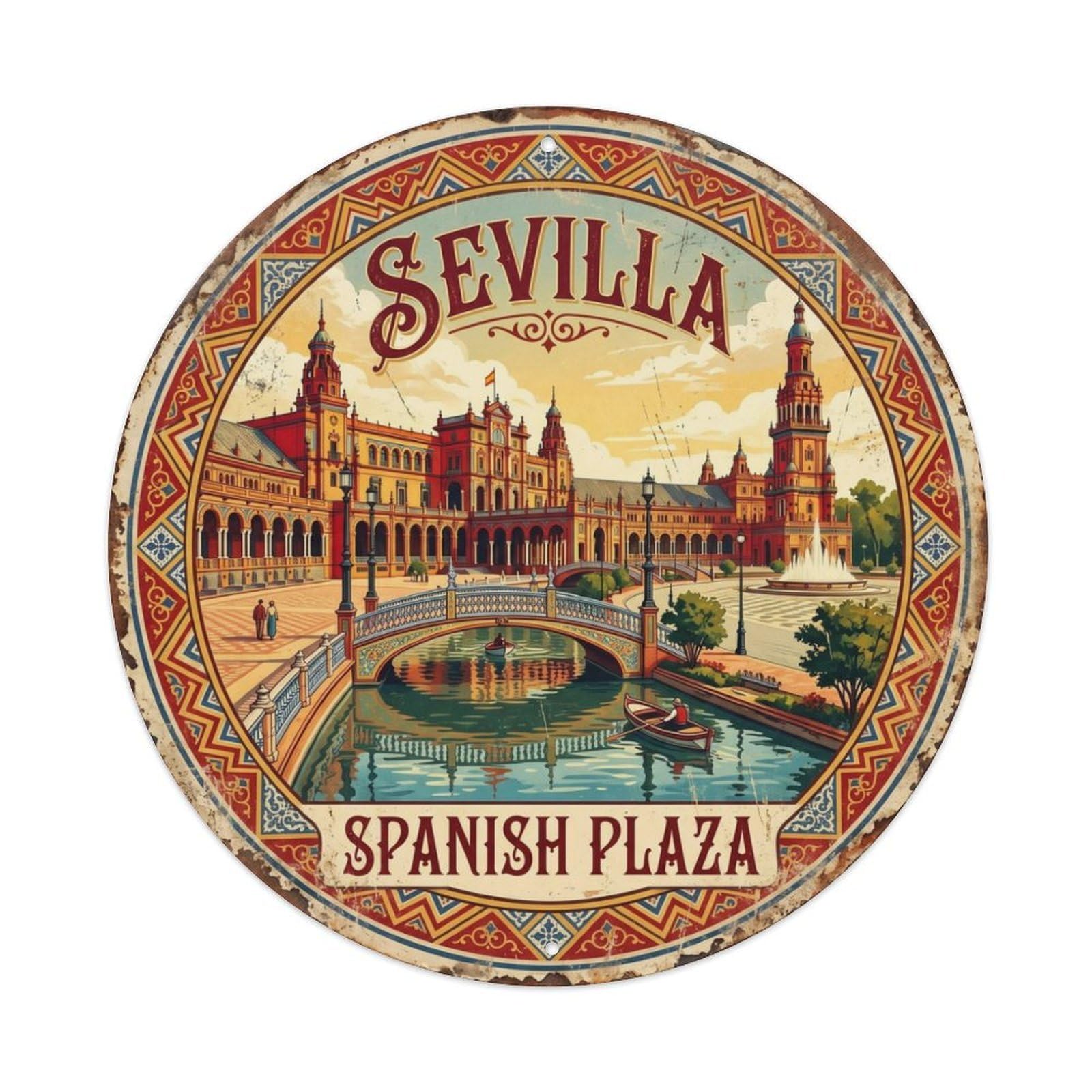 Vintage Travel Plaza Sevilla Spain Metal Tin Sign Plaque Wall Decor for Cafe, Club Bar, Office, Home Garden Round Metal Poster 8x8Inch