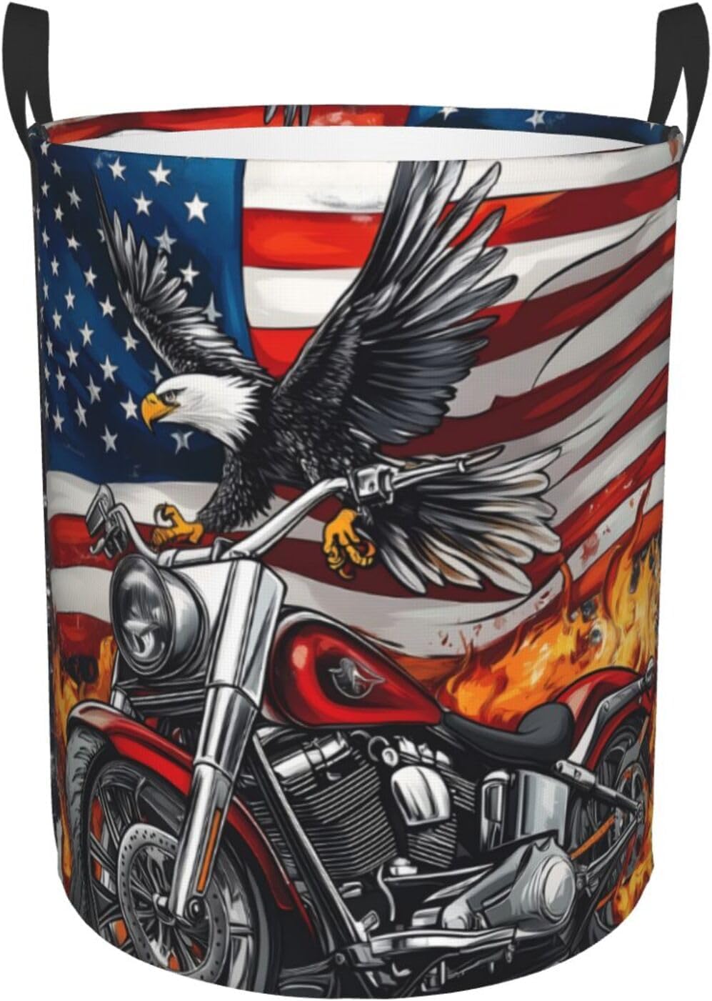 American Flag Eagle Motorcycle Laundry Basket Foldable Laundry Hamper With Handles Waterproof Oxford Large Clothes Storage Bucket Toy Organizer For Bathroom Bedroom Dormitory Nursery 19.6 x15.7 In