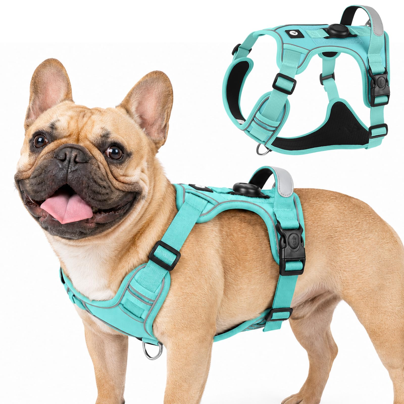 Olcyren No Pull Dog Harness with AirTag Holder, Adjustable Anti Pull Padded Dog Harness with Front Clip, Reflective No-Choke Pet Vest Harness with Handle for Small Medium Large Dogs (Turquoise, M)