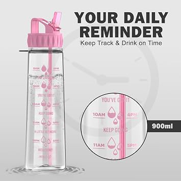 More Water Bottle With Straw, Motivational Time Markings 900ml - Drinking Tracker Bottles - Times to Drink - BPA Free Sports Bottles