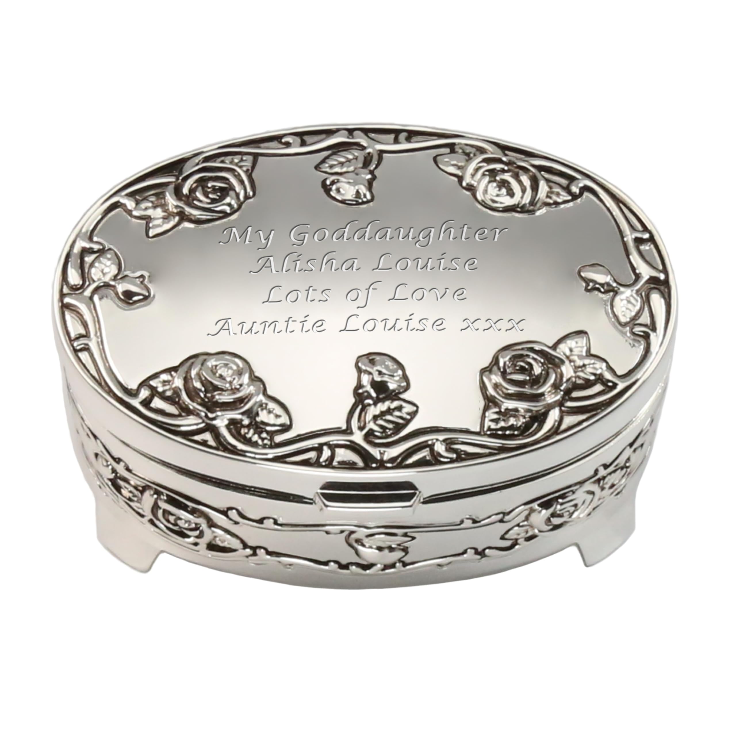 De Walden Cardboard Box Goddaughter Gift, Personalised Engraved Silver Plated Rose Trinket Jewellery Box, Goddaughter Gift Ideas, Christening Gifts