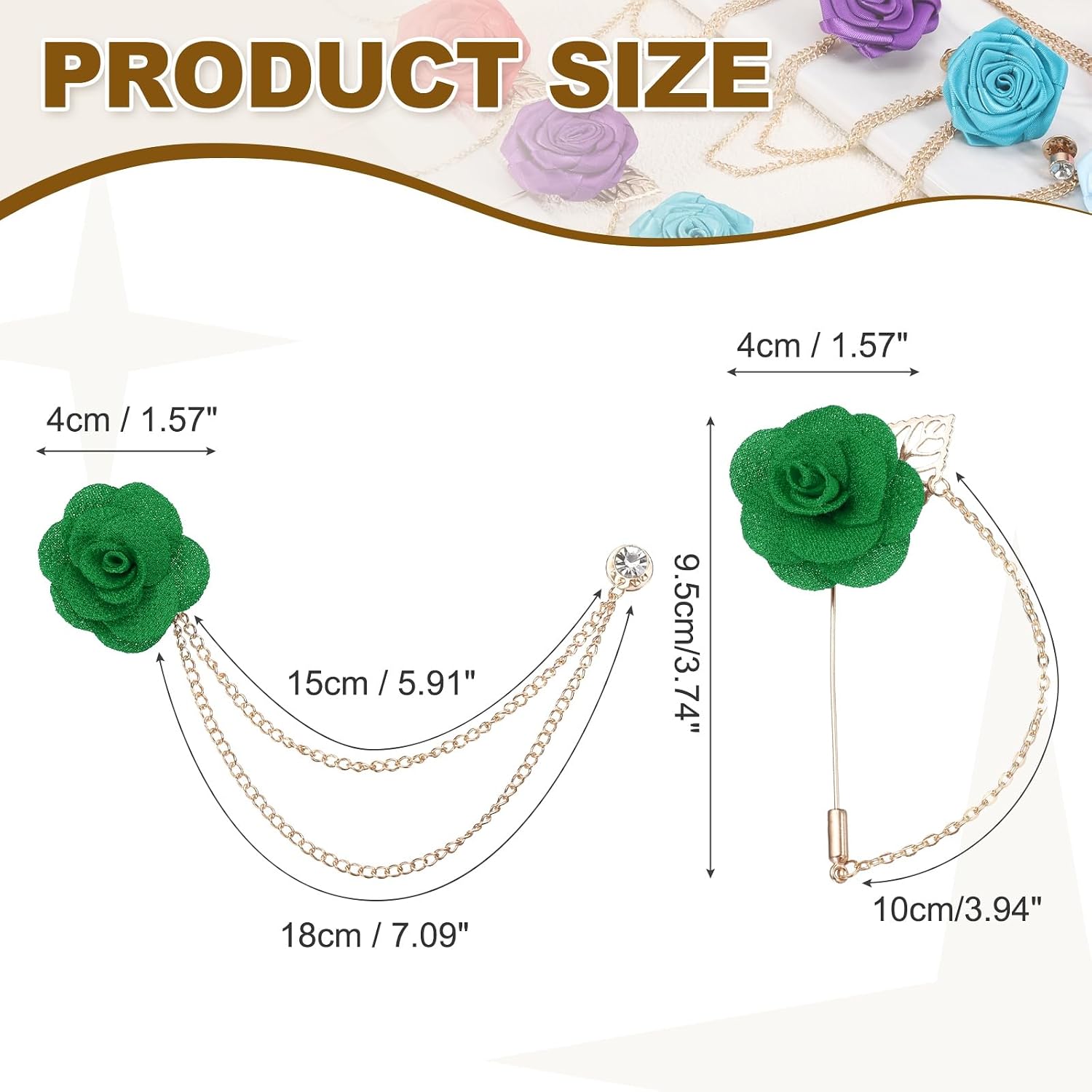 PATIKIL Rose Flower Lapel Pin for Men, 2 Style Cloth Camellia Brooch Kit Boutonnieres Stick Brooch Tassel Chain Satin for Suit