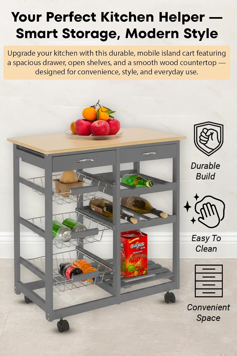 HYGRAD BUILT TO SURVIVE Kitchen Island Cart with Drawers, Lockable Wheels - Rolling Serving Utility Trolley - Mobile Countertop Open Shelf Storage Cabinet Basket for Dining Room, Coffee Bar (Grey)
