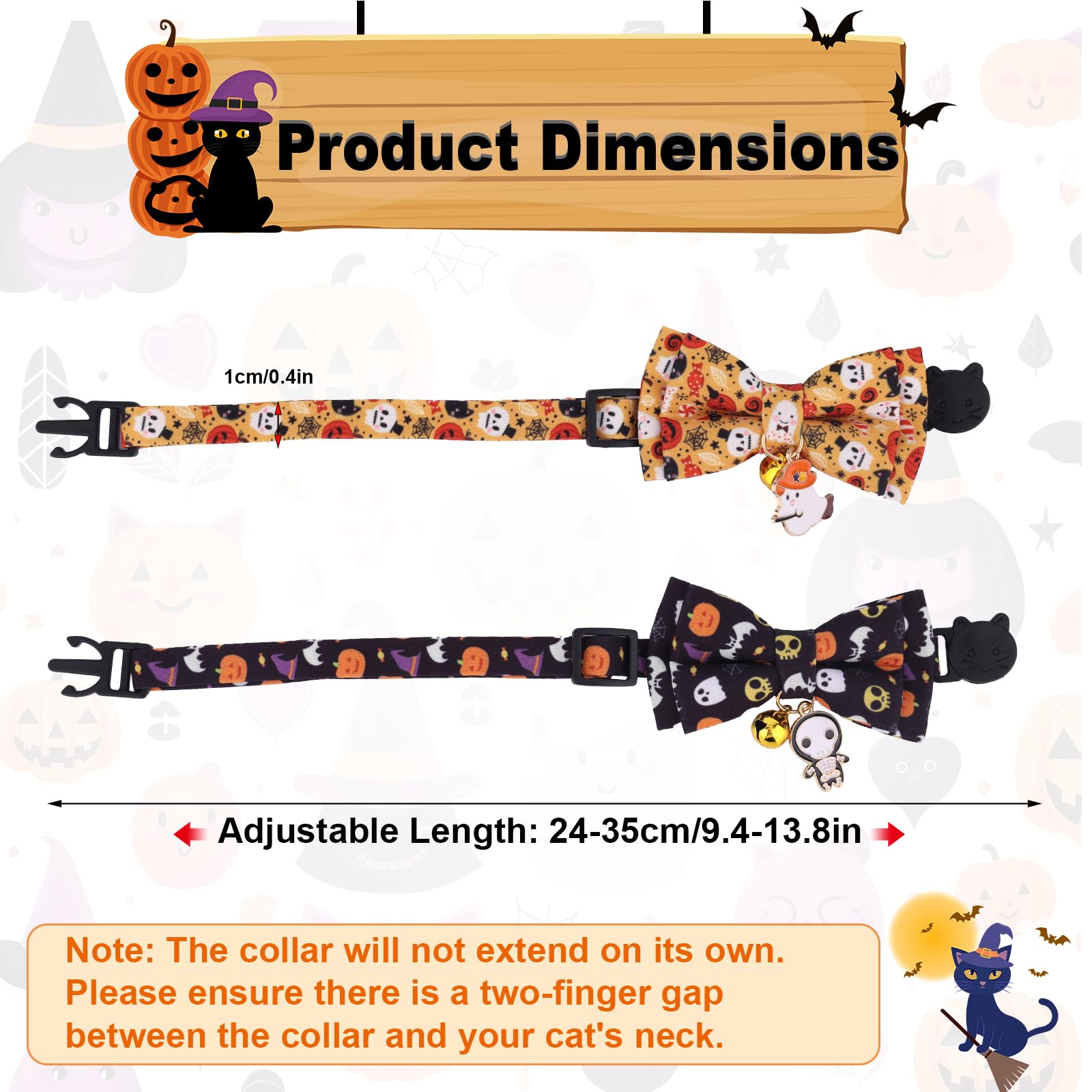 Penitue 2pcs Halloween Cat Collars with Bow Tie & Bell - Image 2