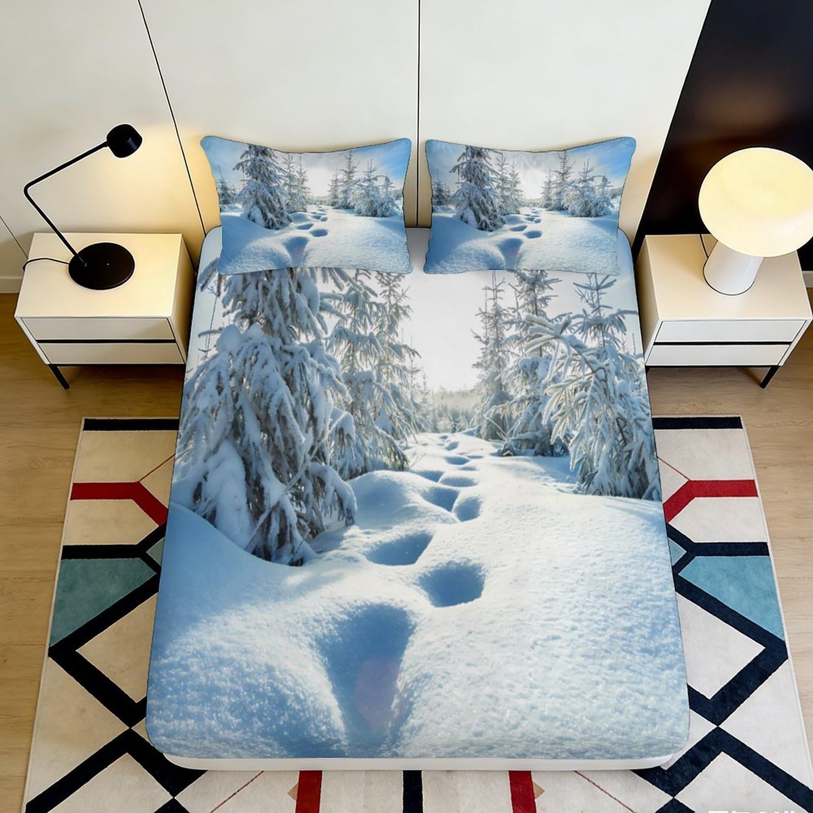 Pnayamiorkfel Style-9 3D Printed Winter Snow Forest Fitted Sheet Microfiber Soft Mattress Cover For Bedroom Dorm Decorative Protection 90X200x25cm