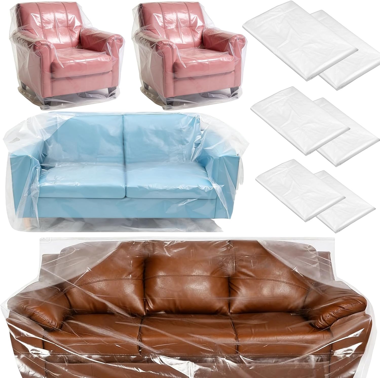 Breling 6 Pcs 3 Sizes Furniture Moving Covers for Couch Sofa Loveseat Armchair 4 Mil Thick Plastic Drop Cloths Clear Furniture Moving Protector for Cover and Storage, 134" x 42", 82" x 42", 42" x 40"