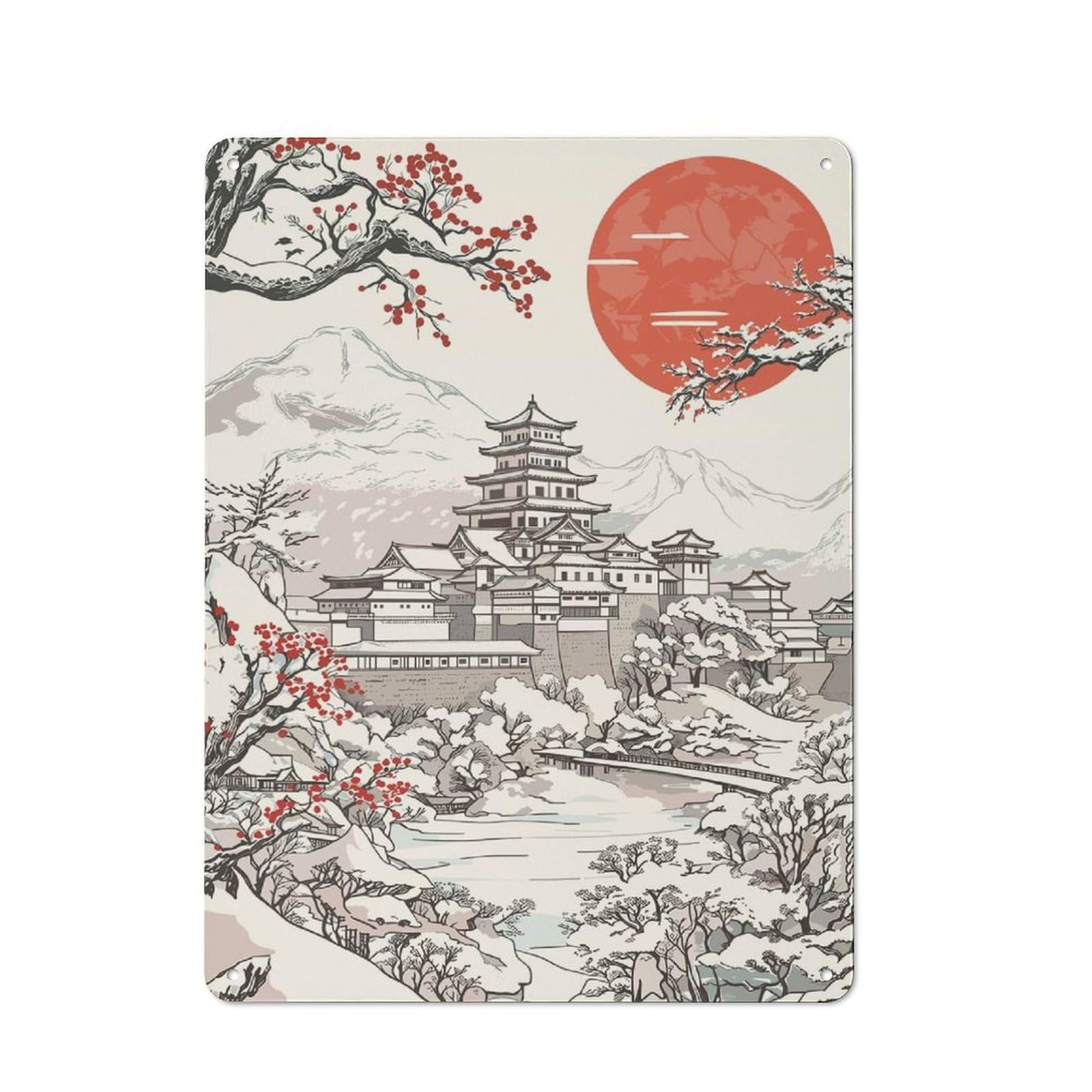 Junmoney Japanese Castle Winter Landscape Retro Metal Wall Sign 40X30cm For Café Or Home Bar, For Home Bar Enthusiasts, For Retro Home Interiors