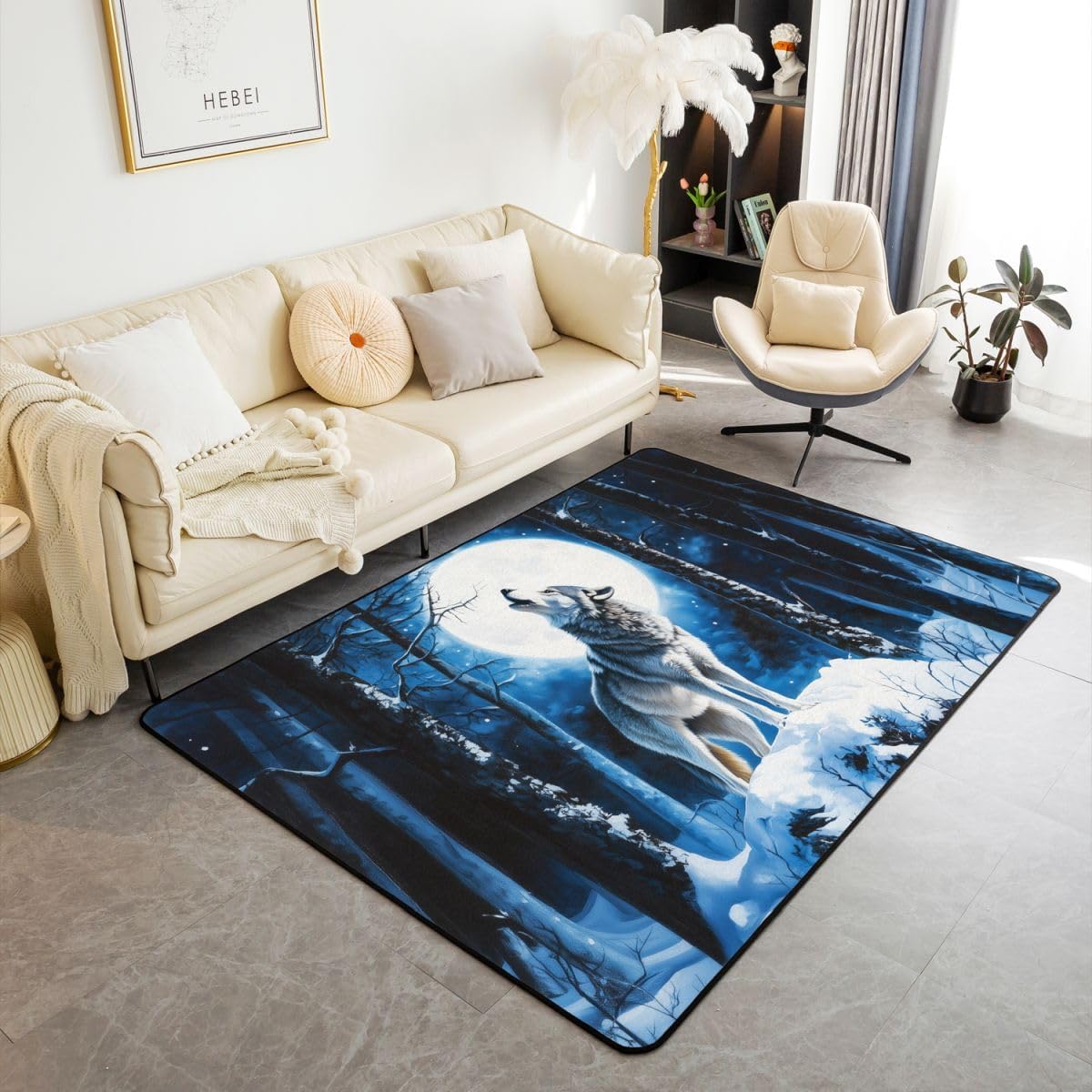 jejeloiu Wolf Area Rug 5x7 for Bedroom Wolves Howling Living Room Rugs Soft Non-Slip Animal Wolves Decor Carpet Indoor Floor Mat for Home, Dining Room