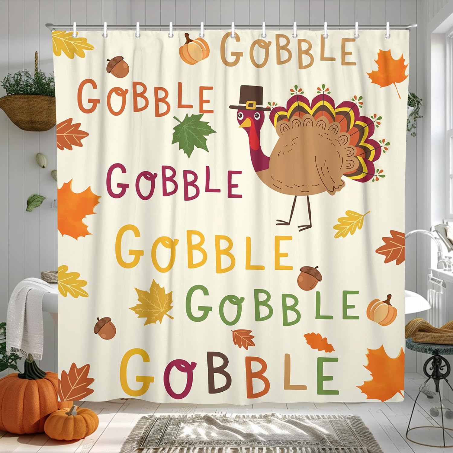 Thanksgiving Shower Curtain Fall Turkey Shower Curtains for Bathroom Autumn Funny Turkey Themed Curtain Sets Fall Thanksgiving Decor 72''Wx72''H with 12 Hooks